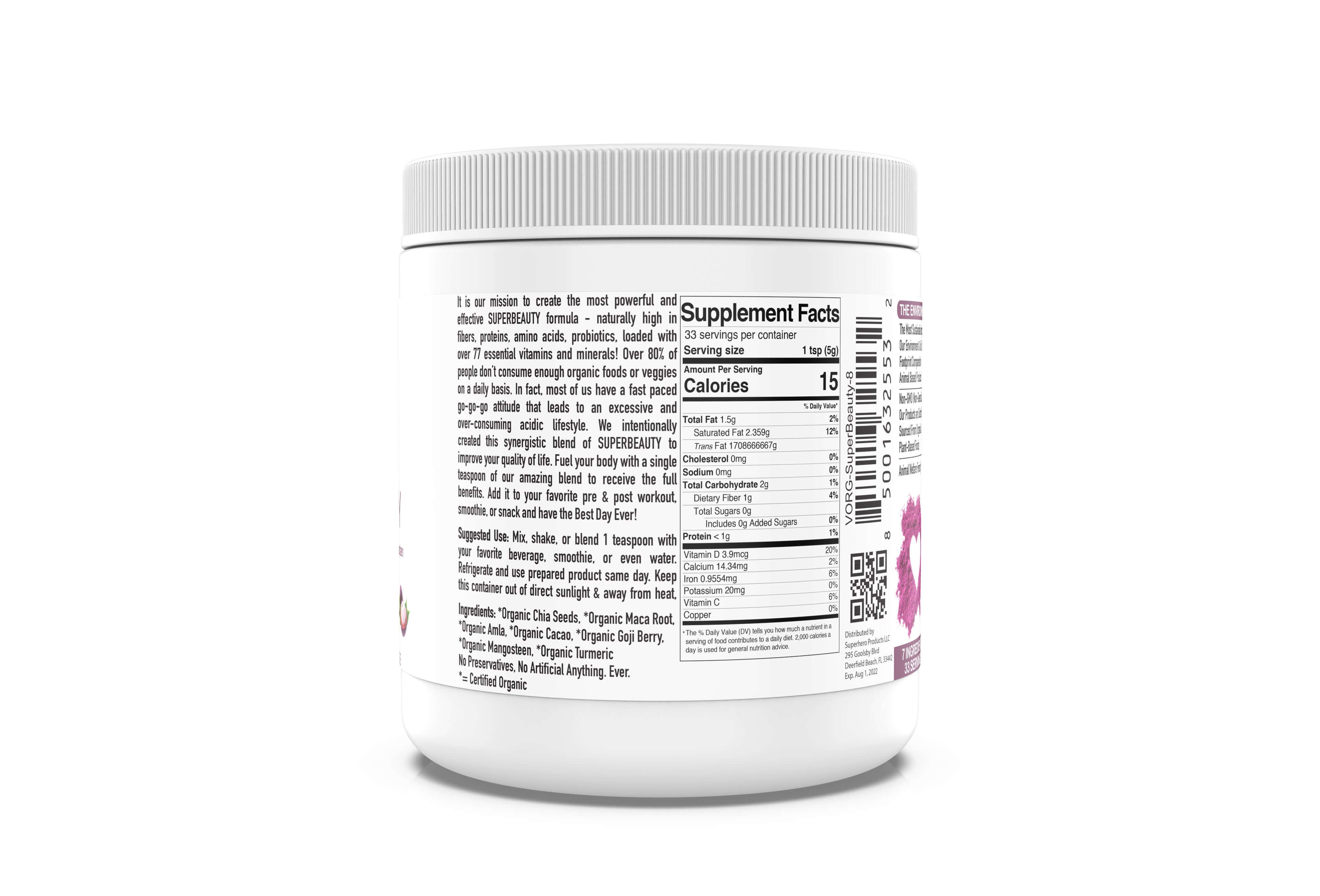 VORG SuperBeauty Ingredients: Chia Seeds, Maca Root, Amla, Cacao, Goji Berries, Mangosteen, Turmeric