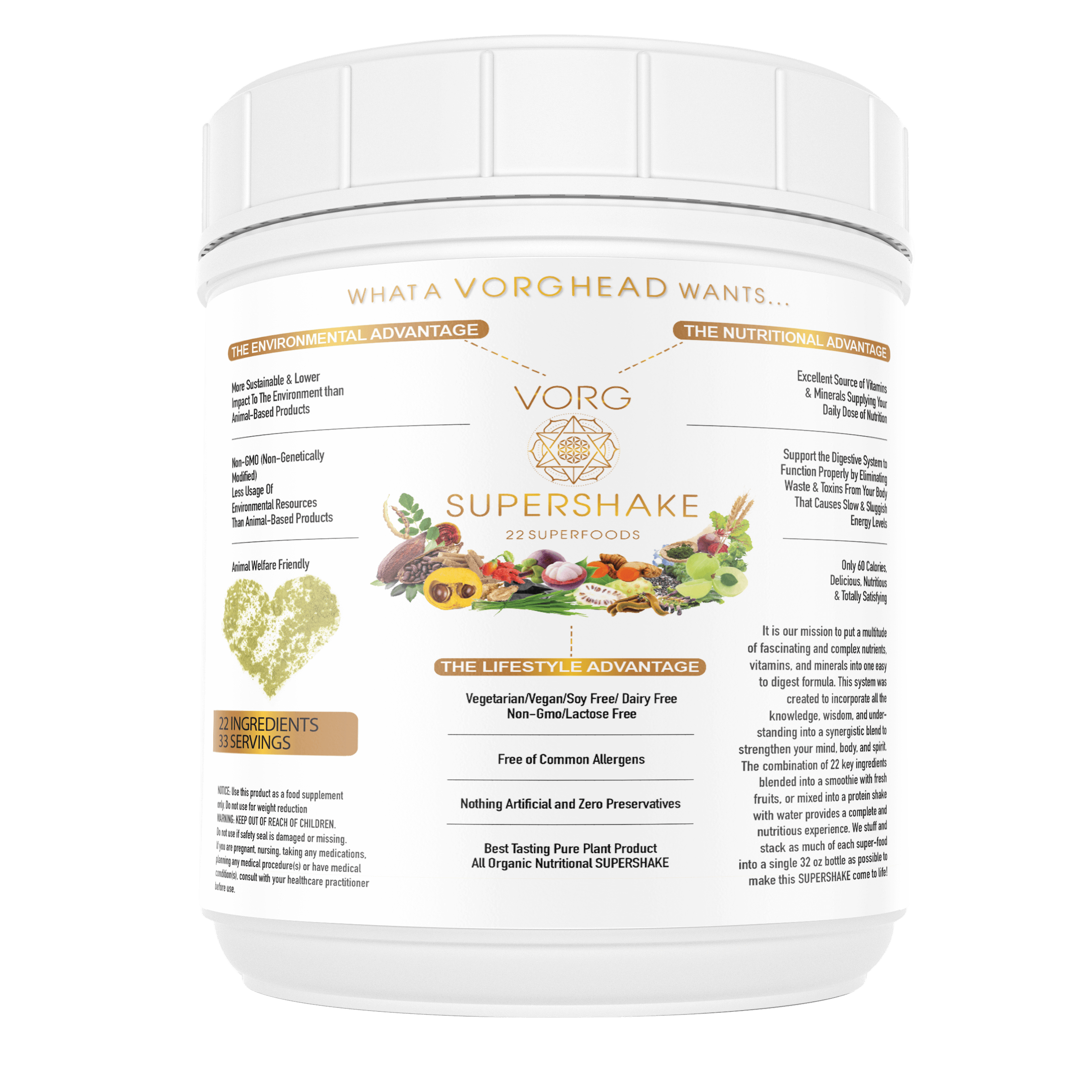 VORG SuperShake Ingredients: Amla, Cacao, Lucuma, Mesquite, Wheatgrass, Moringa, Chlorella