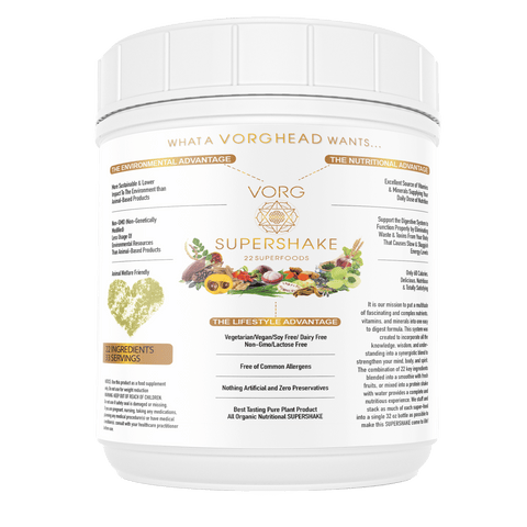 VORG SuperShake Ingredients: Amla, Cacao, Lucuma, Mesquite, Wheatgrass, Moringa, Chlorella